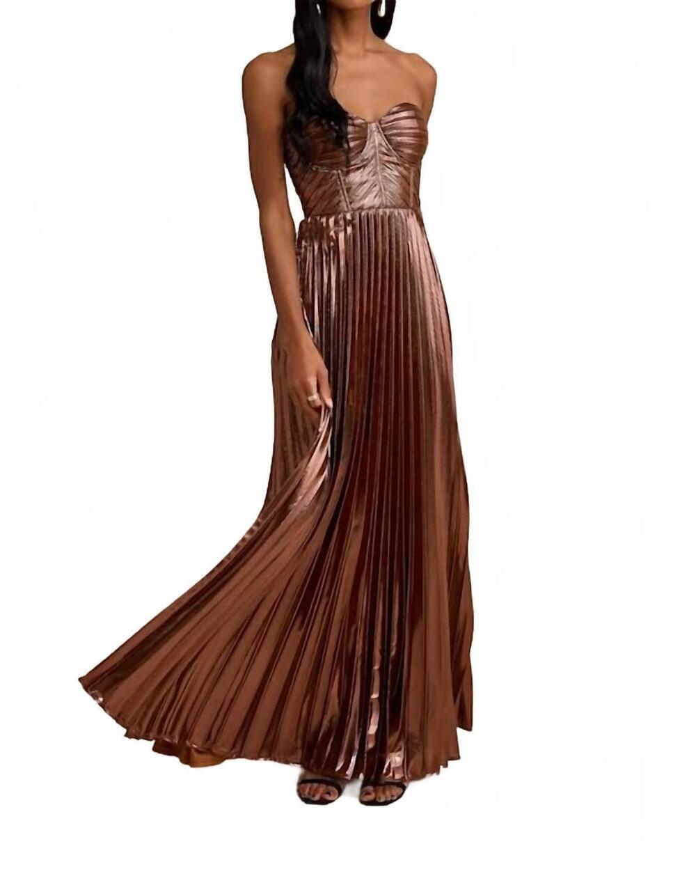 NEW LULUS shoshone pleated lurex strapless bustier maxi dress in brown